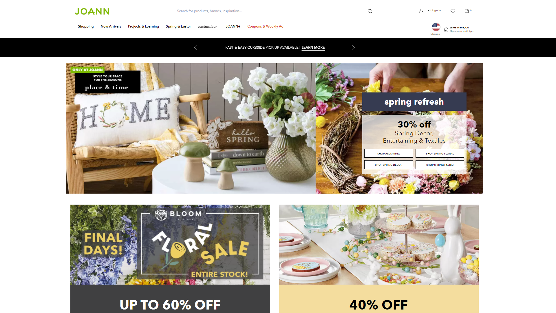 Screenshot of the home page of the Joanne Fabric and Crafts website.