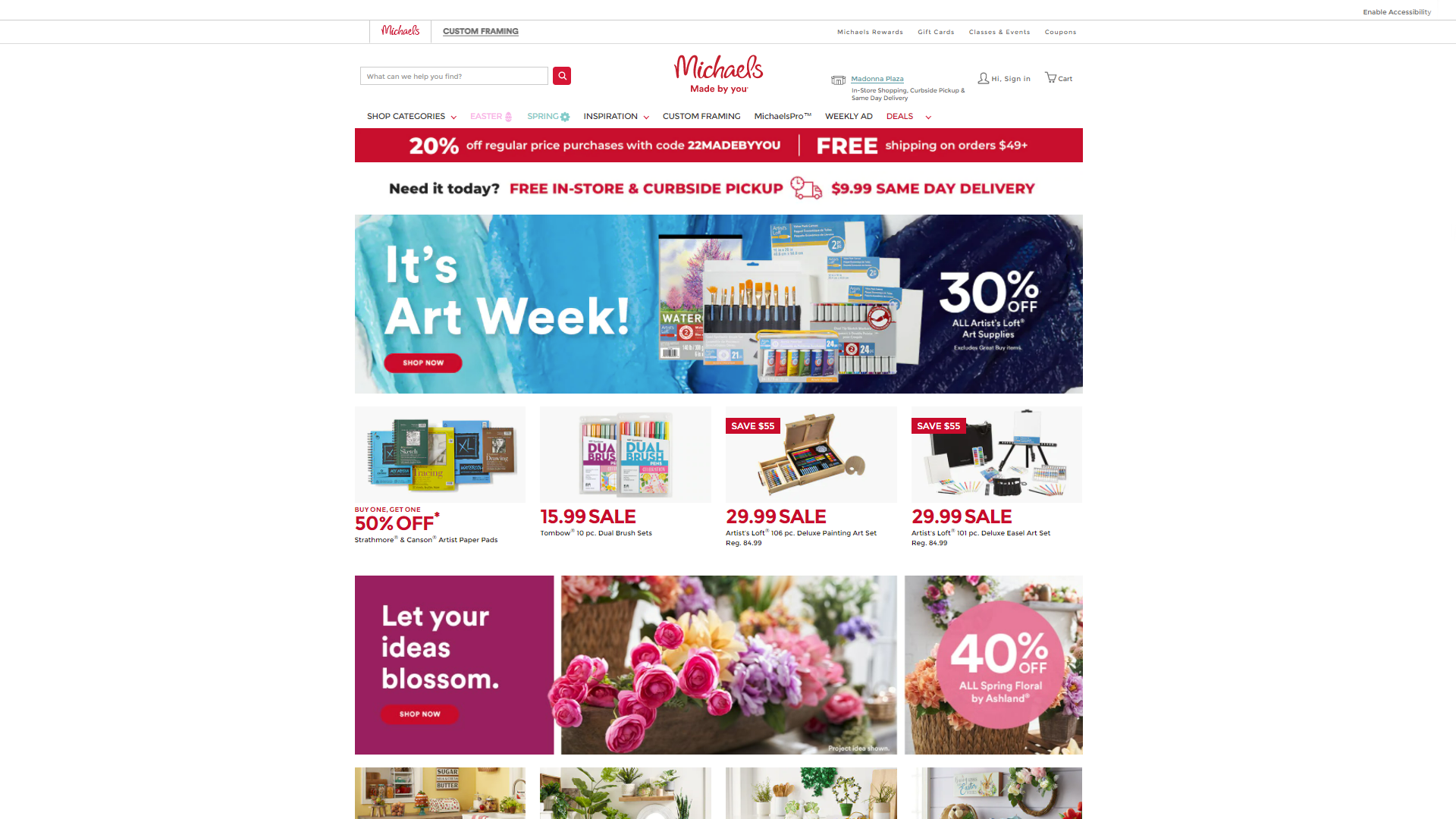 Screenshot of the home page of the Michaels website.